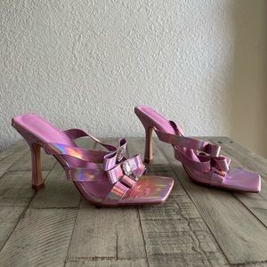 Pink Sun Gurg Sandals Square Toe Transparent Straps Heels Stiletto Mules Dress